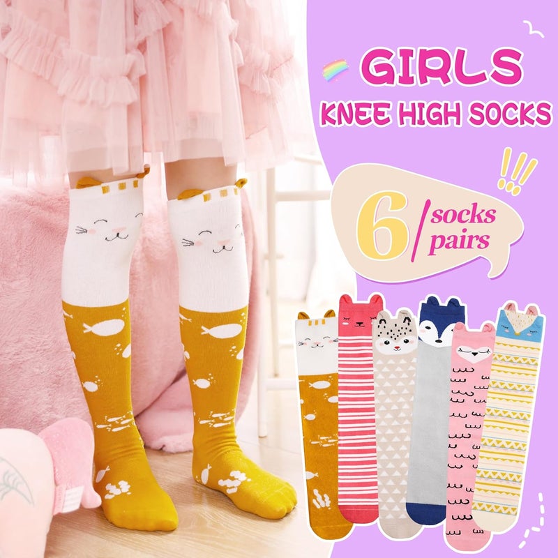 Eocom Girls Knee High Socks Kids Crazy Fun Gift Silly Tall Boot Cute Animal Cotton Long Socks 6 Pairs - Image 2